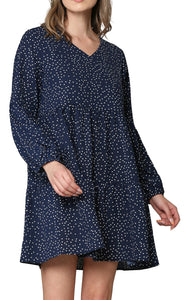 WDR2351 Women's Long Sleeve V neck Casual Loose Flowy Swing Shift Dress