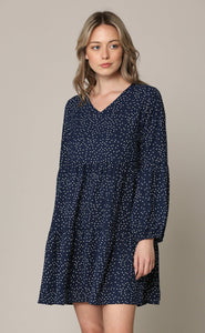 WDR2351 Women's Long Sleeve V neck Casual Loose Flowy Swing Shift Dress