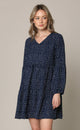 WDR2351 Women's Long Sleeve V neck Casual Loose Flowy Swing Shift Dress