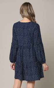 WDR2351 Women's Long Sleeve V neck Casual Loose Flowy Swing Shift Dress