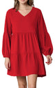 WDR2351 Women's Long Sleeve V neck Casual Loose Flowy Swing Shift Dress