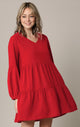WDR2351 Women's Long Sleeve V neck Casual Loose Flowy Swing Shift Dress