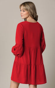 WDR2351 Women's Long Sleeve V neck Casual Loose Flowy Swing Shift Dress