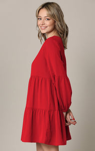 WDR2351 Women's Long Sleeve V neck Casual Loose Flowy Swing Shift Dress