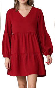 WDR2351 Women's Long Sleeve V neck Casual Loose Flowy Swing Shift Dress