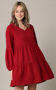 WDR2351 Women's Long Sleeve V neck Casual Loose Flowy Swing Shift Dress