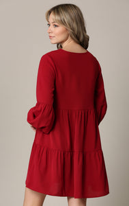 WDR2351 Women's Long Sleeve V neck Casual Loose Flowy Swing Shift Dress