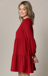 WDR2351 Women's Long Sleeve V neck Casual Loose Flowy Swing Shift Dress