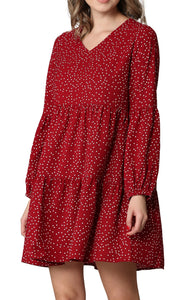 WDR2351 Women's Long Sleeve V neck Casual Loose Flowy Swing Shift Dress