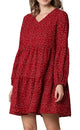 WDR2351 Women's Long Sleeve V neck Casual Loose Flowy Swing Shift Dress