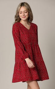 WDR2351 Women's Long Sleeve V neck Casual Loose Flowy Swing Shift Dress