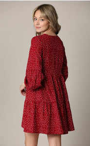 WDR2351 Women's Long Sleeve V neck Casual Loose Flowy Swing Shift Dress