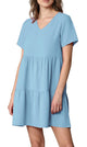 WDR2354 Women Short Sleeve Tunic Dress V Neck Casual Loose Flowy Swing Shift Dresses