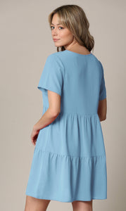 WDR2354 Women Short Sleeve Tunic Dress V Neck Casual Loose Flowy Swing Shift Dresses