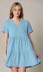 WDR2354 Women Short Sleeve Tunic Dress V Neck Casual Loose Flowy Swing Shift Dresses