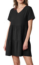 WDR2354 Women Short Sleeve Tunic Dress V Neck Casual Loose Flowy Swing Shift Dresses