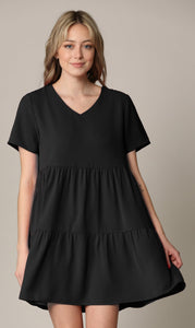 WDR2354 Women Short Sleeve Tunic Dress V Neck Casual Loose Flowy Swing Shift Dresses