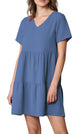 WDR2354 Women Short Sleeve Tunic Dress V Neck Casual Loose Flowy Swing Shift Dresses