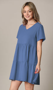 WDR2354 Women Short Sleeve Tunic Dress V Neck Casual Loose Flowy Swing Shift Dresses