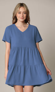WDR2354 Women Short Sleeve Tunic Dress V Neck Casual Loose Flowy Swing Shift Dresses