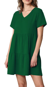 WDR2354 Women Short Sleeve Tunic Dress V Neck Casual Loose Flowy Swing Shift Dresses