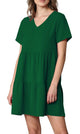 WDR2354 Women Short Sleeve Tunic Dress V Neck Casual Loose Flowy Swing Shift Dresses