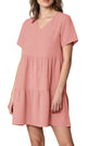 WDR2354 Women Short Sleeve Tunic Dress V Neck Casual Loose Flowy Swing Shift Dresses