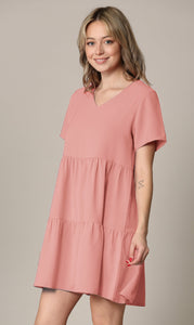 WDR2354 Women Short Sleeve Tunic Dress V Neck Casual Loose Flowy Swing Shift Dresses
