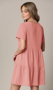 WDR2354 Women Short Sleeve Tunic Dress V Neck Casual Loose Flowy Swing Shift Dresses