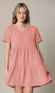 WDR2354 Women Short Sleeve Tunic Dress V Neck Casual Loose Flowy Swing Shift Dresses