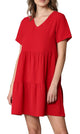 WDR2354 Women Short Sleeve Tunic Dress V Neck Casual Loose Flowy Swing Shift Dresses