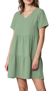 WDR2354 Women Short Sleeve Tunic Dress V Neck Casual Loose Flowy Swing Shift Dresses