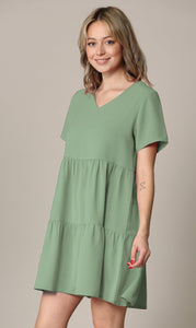 WDR2354 Women Short Sleeve Tunic Dress V Neck Casual Loose Flowy Swing Shift Dresses