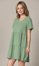 WDR2354 Women Short Sleeve Tunic Dress V Neck Casual Loose Flowy Swing Shift Dresses