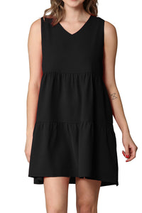 WDR2357 Women Sleeveless Tunic Dress V Neck Casual Loose Flowy Swing Shift