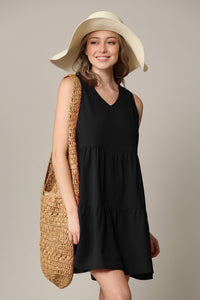 WDR2357 Women Sleeveless Tunic Dress V Neck Casual Loose Flowy Swing Shift