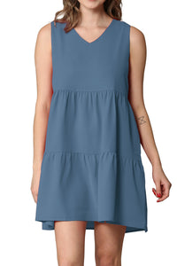 WDR2357 Women Sleeveless Tunic Dress V Neck Casual Loose Flowy Swing Shift