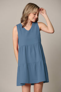 WDR2357 Women Sleeveless Tunic Dress V Neck Casual Loose Flowy Swing Shift