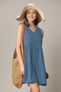 WDR2357 Women Sleeveless Tunic Dress V Neck Casual Loose Flowy Swing Shift