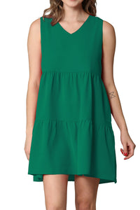 WDR2357 Women Sleeveless Tunic Dress V Neck Casual Loose Flowy Swing Shift