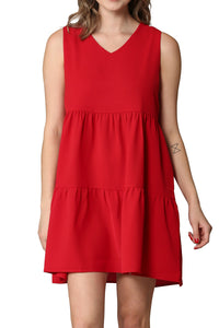 WDR2357 Women Sleeveless Tunic Dress V Neck Casual Loose Flowy Swing Shift