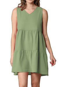 WDR2357 Women Sleeveless Tunic Dress V Neck Casual Loose Flowy Swing Shift