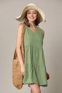 WDR2357 Women Sleeveless Tunic Dress V Neck Casual Loose Flowy Swing Shift