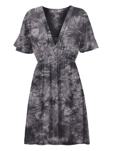 WDR2386 Women's Airy Short Sleeve Kimono Style Deep V Neck Tie dye Dress