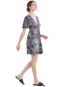 WDR2386 Women's Airy Short Sleeve Kimono Style Deep V Neck Tie dye Dress
