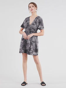 WDR2386 Women's Airy Short Sleeve Kimono Style Deep V Neck Tie dye Dress