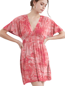 WDR2386 Women's Airy Short Sleeve Kimono Style Deep V Neck Tie dye Dress