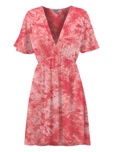 WDR2386 Women's Airy Short Sleeve Kimono Style Deep V Neck Tie dye Dress