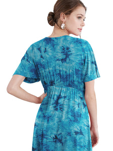 WDR2386 Women's Airy Short Sleeve Kimono Style Deep V Neck Tie dye Dress