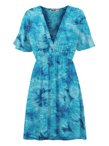 WDR2386 Women's Airy Short Sleeve Kimono Style Deep V Neck Tie dye Dress